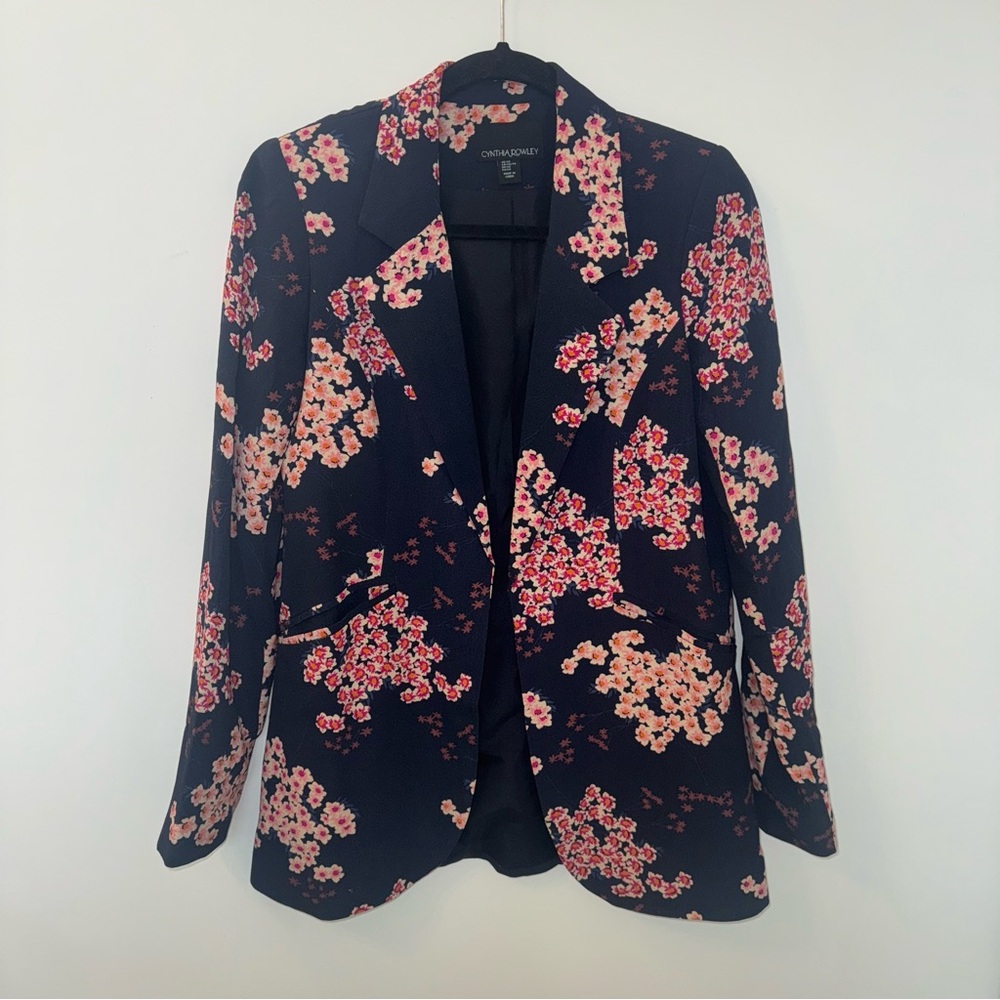 Cynthia Rowley Blazer Floral Cherry Blossom Navy Blue Pink Women's Size XS
